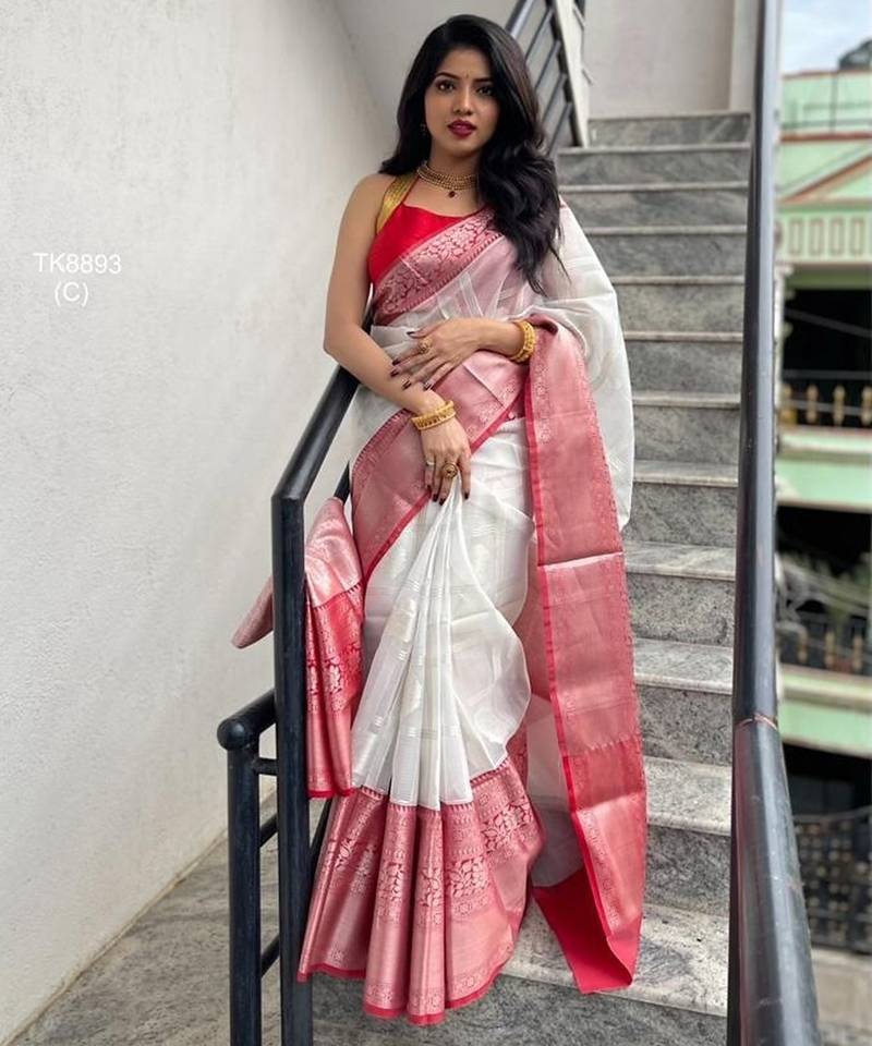 White red  silk blend jacuard work festival saree with unstitched blouse piece