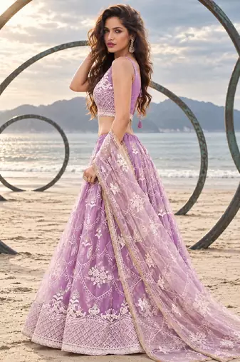 LAVENDER NET THREAD WITH ZARI AND SEQUINCE WORK FESTIVE LEHENGA CHOLI SET FOR WOMEN'S