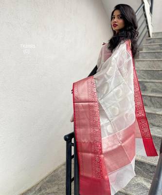 White red  silk blend jacuard work festival saree with unstitched blouse piece 2