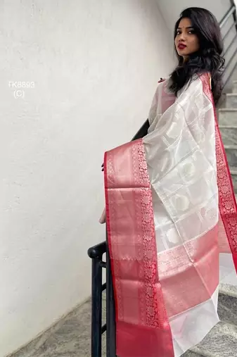 White red  silk blend jacuard work festival saree with unstitched blouse piece