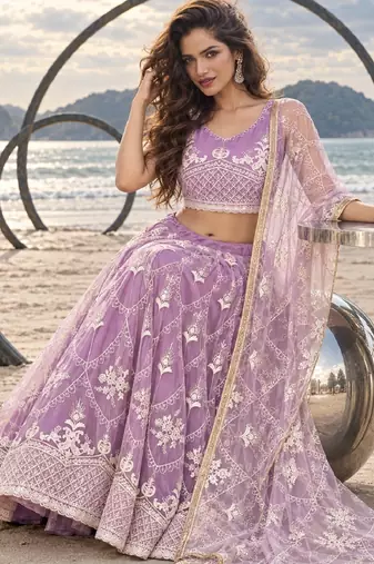 LAVENDER NET THREAD WITH ZARI AND SEQUINCE WORK FESTIVE LEHENGA CHOLI SET FOR WOMEN'S