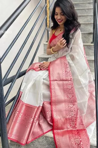 White red  silk blend jacuard work festival saree with unstitched blouse piece