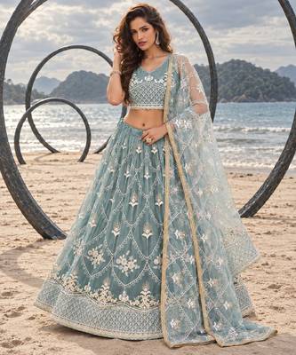 OCEAN BLUE NET THREAD WITH ZARI AND SEQUINCE WORK FESTIVE LEHENGA CHOLI SET FOR WOMEN'S 1