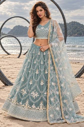 OCEAN BLUE NET THREAD WITH ZARI AND SEQUIN WORK FESTIVE LEHENGA CHOLI