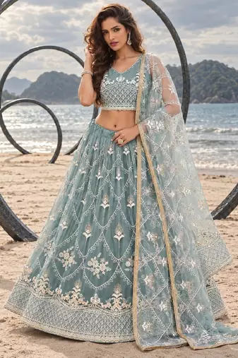 OCEAN BLUE NET THREAD WITH ZARI AND SEQUINCE WORK FESTIVE LEHENGA CHOLI SET FOR WOMEN'S