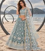 OCEAN BLUE NET THREAD WITH ZARI AND SEQUINCE WORK FESTIVE LEHENGA CHOLI SET FOR WOMEN'S