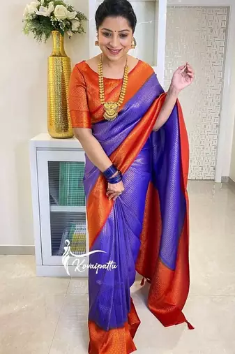 Blue red  silk blend jacuard work festival saree with unstitched blouse piece