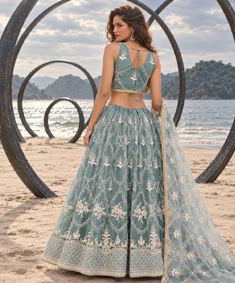 OCEAN BLUE NET THREAD WITH ZARI AND SEQUINCE WORK FESTIVE LEHENGA CHOLI SET FOR WOMEN'S 2