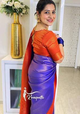 Blue red  silk blend jacuard work festival saree with unstitched blouse piece 3