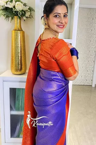 Blue red  silk blend jacuard work festival saree with unstitched blouse piece