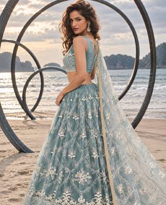 OCEAN BLUE NET THREAD WITH ZARI AND SEQUINCE WORK FESTIVE LEHENGA CHOLI SET FOR WOMEN'S 3