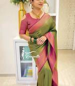 Green pink  silk blend jacuard work festival saree with unstitched blouse piece