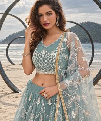 OCEAN BLUE NET THREAD WITH ZARI AND SEQUINCE WORK FESTIVE LEHENGA CHOLI SET FOR WOMEN'S 5