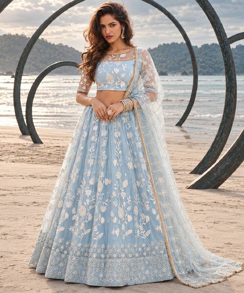 LIGHT SKY NET THREAD WITH ZARI AND SEQUINCE WORK FESTIVE LEHENGA CHOLI SET FOR WOMEN'S