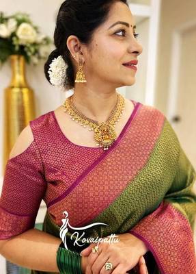 Green pink  silk blend jacuard work festival saree with unstitched blouse piece 4
