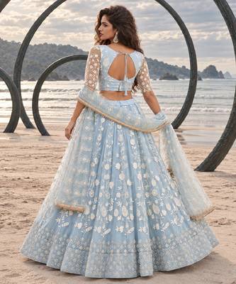 LIGHT SKY NET THREAD WITH ZARI AND SEQUINCE WORK FESTIVE LEHENGA CHOLI SET FOR WOMEN'S 2