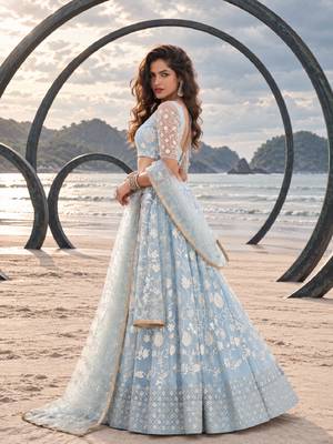 LIGHT SKY NET THREAD WITH ZARI AND SEQUINCE WORK FESTIVE LEHENGA CHOLI SET FOR WOMEN'S 3