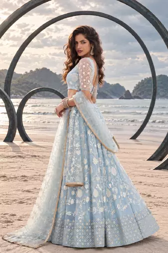 LIGHT SKY NET THREAD WITH ZARI AND SEQUINCE WORK FESTIVE LEHENGA CHOLI SET FOR WOMEN'S