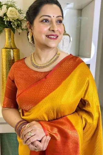 Yellow red  silk blend jacuard work festival saree with unstitched blouse piece