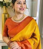 Yellow red  silk blend jacuard work festival saree with unstitched blouse piece