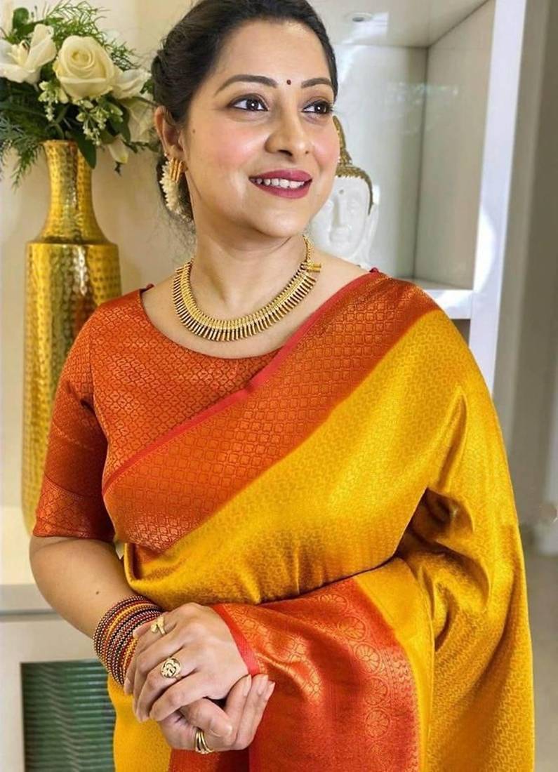 Yellow red  silk blend jacuard work festival saree with unstitched blouse piece
