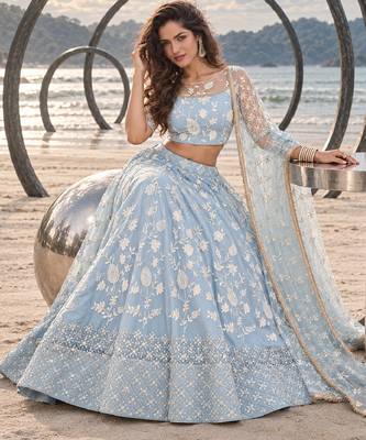 LIGHT SKY NET THREAD WITH ZARI AND SEQUINCE WORK FESTIVE LEHENGA CHOLI SET FOR WOMEN'S 4