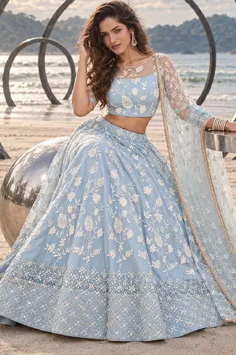 LIGHT SKY NET THREAD WITH ZARI AND SEQUINCE WORK FESTIVE LEHENGA CHOLI SET FOR WOMEN'S