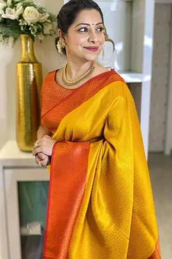 Yellow red  silk blend jacuard work festival saree with unstitched blouse piece