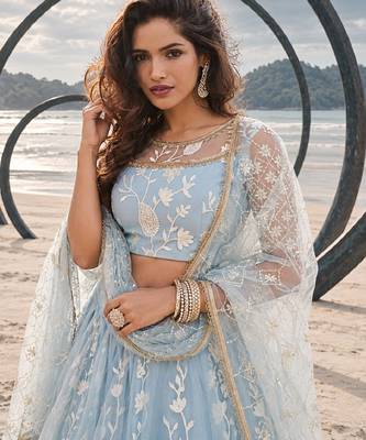 LIGHT SKY NET THREAD WITH ZARI AND SEQUINCE WORK FESTIVE LEHENGA CHOLI SET FOR WOMEN'S 5
