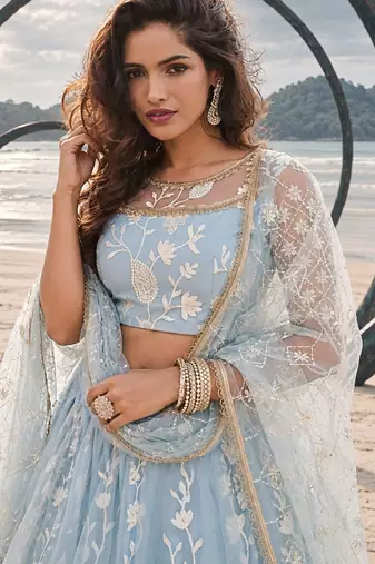 LIGHT SKY NET THREAD WITH ZARI AND SEQUINCE WORK FESTIVE LEHENGA CHOLI SET FOR WOMEN'S