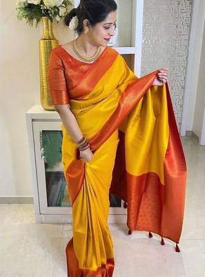 Yellow red  silk blend jacuard work festival saree with unstitched blouse piece 3