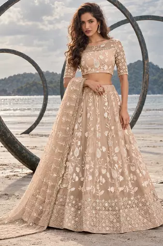 DUSTY CHIQU NET THREAD WITH ZARI AND SEQUINCE WORK FESTIVE LEHENGA CHOLI SET FOR WOMEN'S