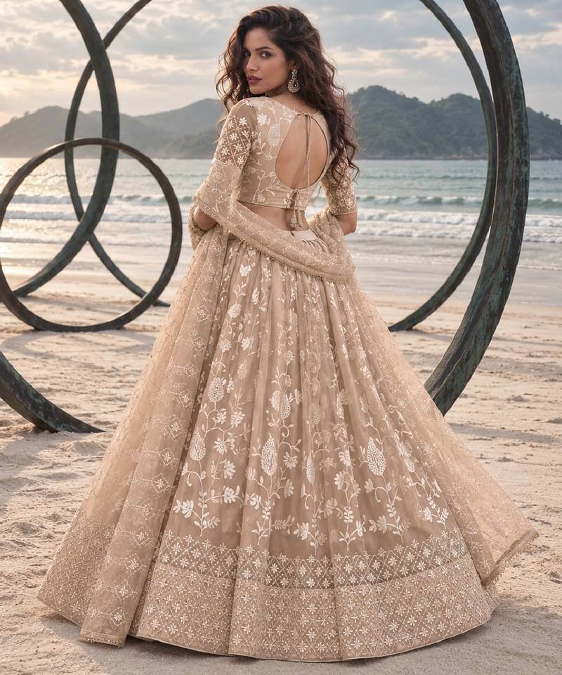 DUSTY CHIQU NET THREAD WITH ZARI AND SEQUINCE WORK FESTIVE LEHENGA CHOLI SET FOR WOMEN'S