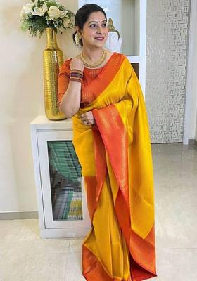 Yellow red  silk blend jacuard work festival saree with unstitched blouse piece 4
