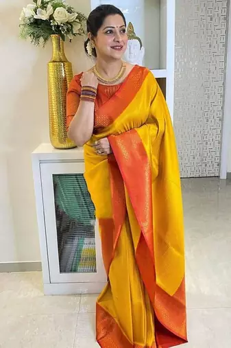 Yellow red  silk blend jacuard work festival saree with unstitched blouse piece
