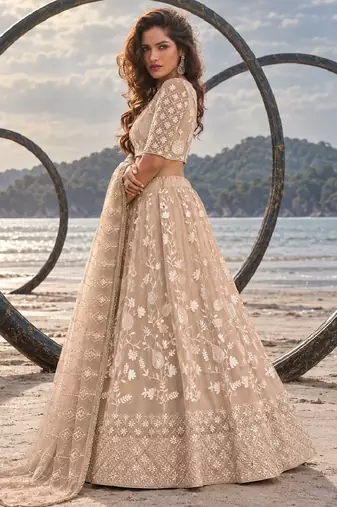 DUSTY CHIQU NET THREAD WITH ZARI AND SEQUINCE WORK FESTIVE LEHENGA CHOLI SET FOR WOMEN'S
