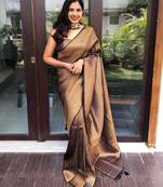 Black silk blend jacuard work festival saree with unstitched blouse piece