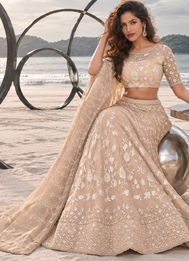 DUSTY CHIQU NET THREAD WITH ZARI AND SEQUINCE WORK FESTIVE LEHENGA CHOLI SET FOR WOMEN'S