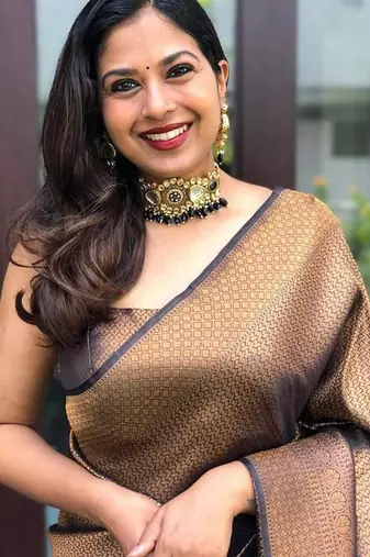 Black silk blend jacuard work festival saree with unstitched blouse piece