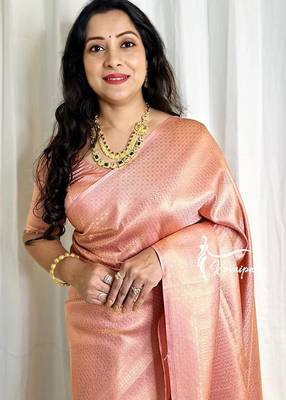 Peach silk blend jacuard work festival saree with unstitched blouse piece 1