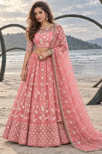 GAJRI PEACH NET THREAD WITH ZARI AND SEQUIN WORK FESTIVE LEHENGA CHOLI