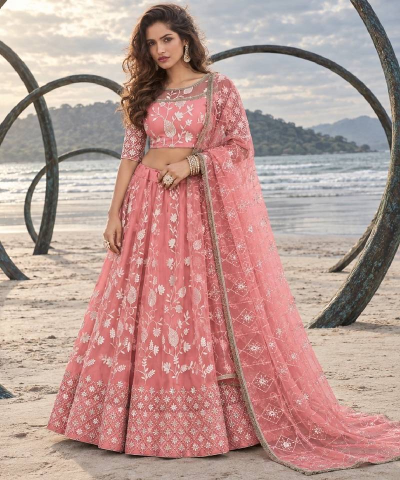 GAJRI PEACH NET THREAD WITH ZARI AND SEQUINCE WORK FESTIVE LEHENGA CHOLI SET FOR WOMEN'S