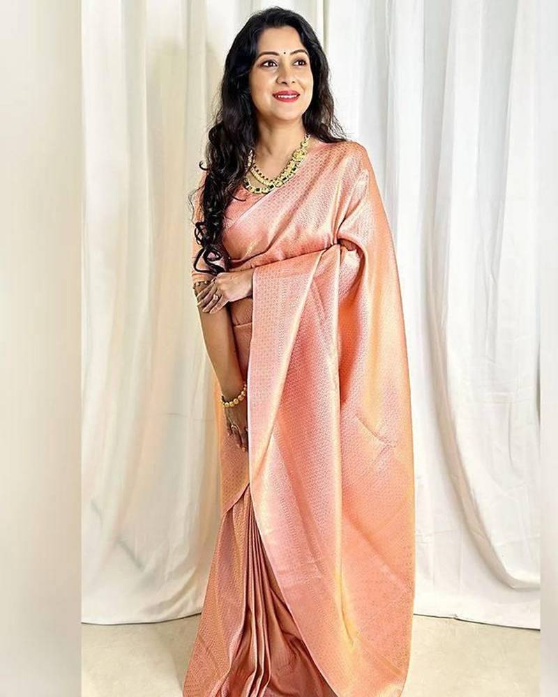 Peach silk blend jacuard work festival saree with unstitched blouse piece