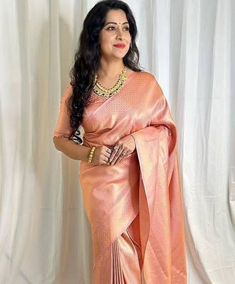 Peach silk blend jacuard work festival saree with unstitched blouse piece 3
