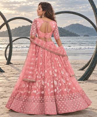 GAJRI PEACH NET THREAD WITH ZARI AND SEQUINCE WORK FESTIVE LEHENGA CHOLI SET FOR WOMEN'S 2