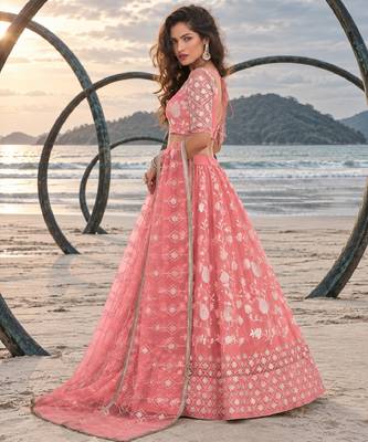 GAJRI PEACH NET THREAD WITH ZARI AND SEQUINCE WORK FESTIVE LEHENGA CHOLI SET FOR WOMEN'S 3