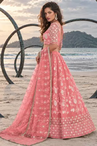 GAJRI PEACH NET THREAD WITH ZARI AND SEQUINCE WORK FESTIVE LEHENGA CHOLI SET FOR WOMEN'S