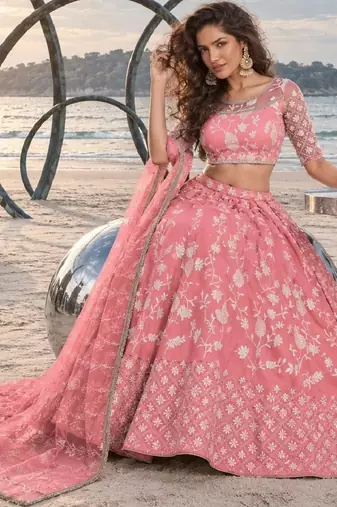 GAJRI PEACH NET THREAD WITH ZARI AND SEQUINCE WORK FESTIVE LEHENGA CHOLI SET FOR WOMEN'S