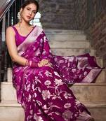 Wine silk blend jacuard work festival saree with unstitched blouse piece