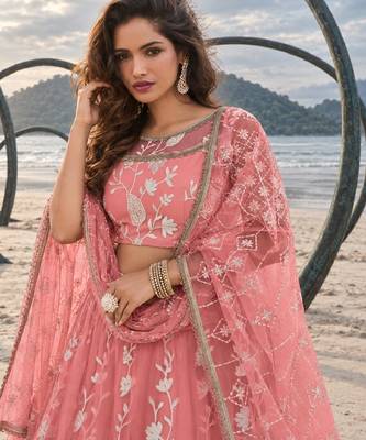 GAJRI PEACH NET THREAD WITH ZARI AND SEQUINCE WORK FESTIVE LEHENGA CHOLI SET FOR WOMEN'S 5